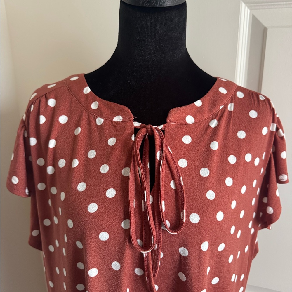 Flower & Feather Rust White Polka Dot Tie Neck Flutter Sleeve Blouse 2XL